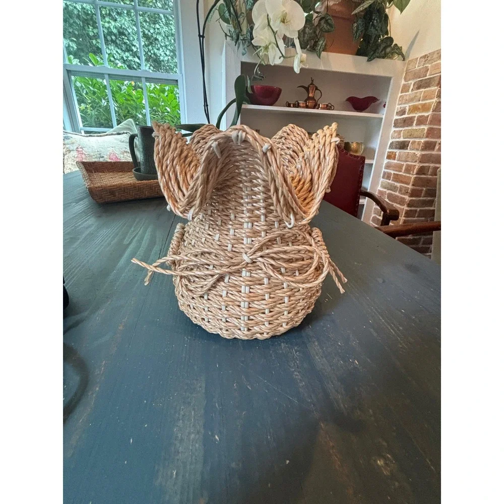 Vintage Woven Straw Ruffle Top Basket Bow Detail Boho Decor Made in Korea